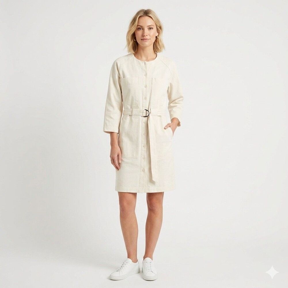 Eve Gravel Cotton Utility Button-Down Belted Dress in Cream Size Medium